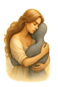 Zwei Frauenfiguren – Licht und Schatten – reichen sich die Hände als Symbol der Integration