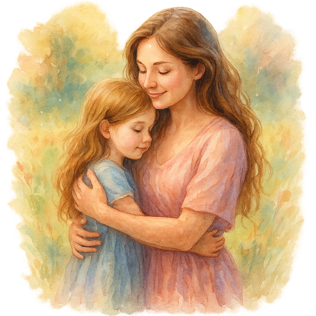 Frau hält ihr jüngeres Selbst an der Hand – Aquarellmotiv für innere Kind-Arbeit in Hypnose, Geborgenheit, Nachnähren