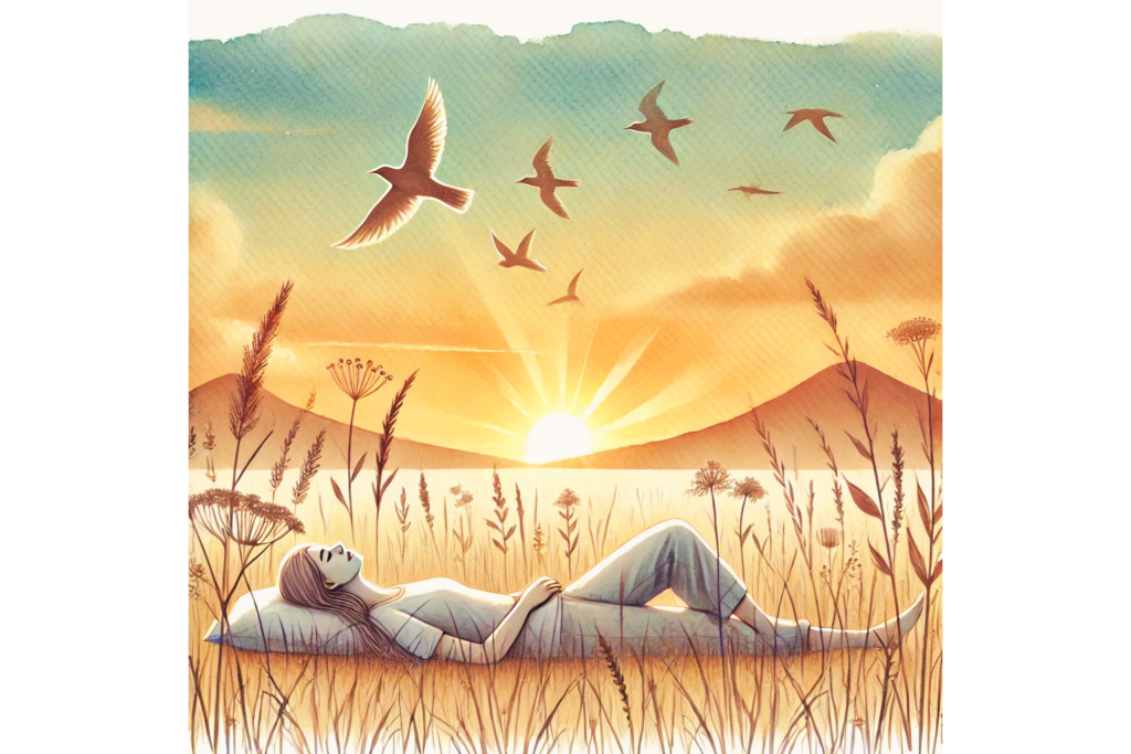 Frau liegt mit geschlossenen Augen auf einer Wiese, von weichem Licht umgeben – Symbol für Hypnose, Entspannung und innere Reise