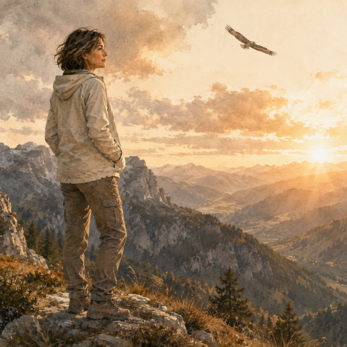 Frau am Berg im goldenen Abendlicht
