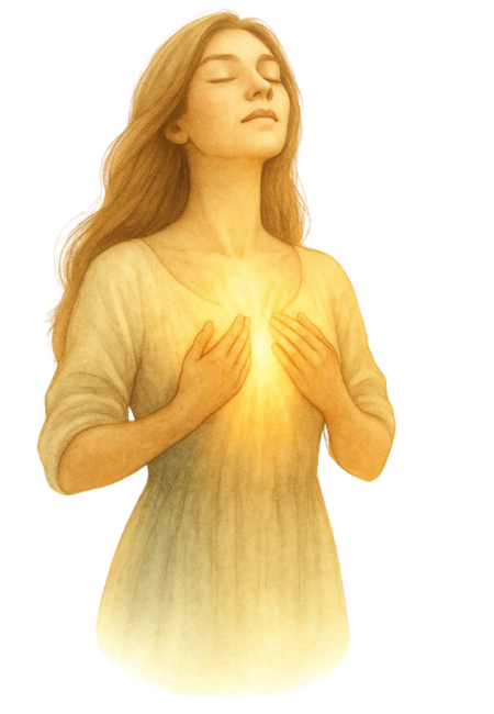 Frau öffnet langsam die Augen, umgeben von Licht und Natur – Symbol für Rückkehr aus der Hypnose mit neuer innerer Stabilität