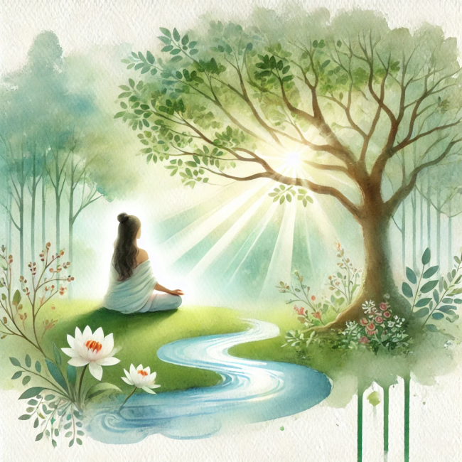 Frau sitzt entspannt im weichen Sonnenlicht, umgeben von Natur – Symbol für innere Sicherheit und Nervensystemregulation